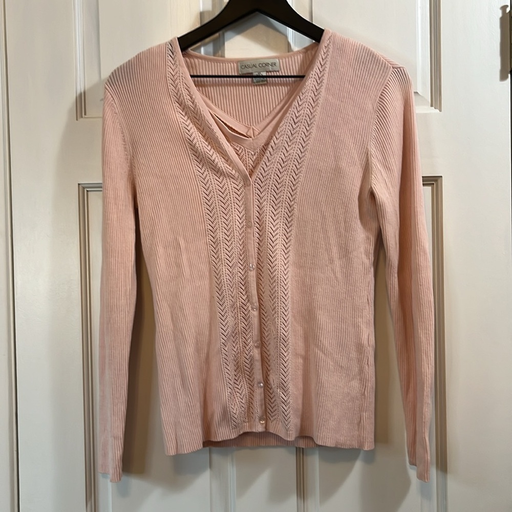 Vtg Casual Corner Soft Pink Pointelle Knit Heavyweight Cardigan & Tank - XS